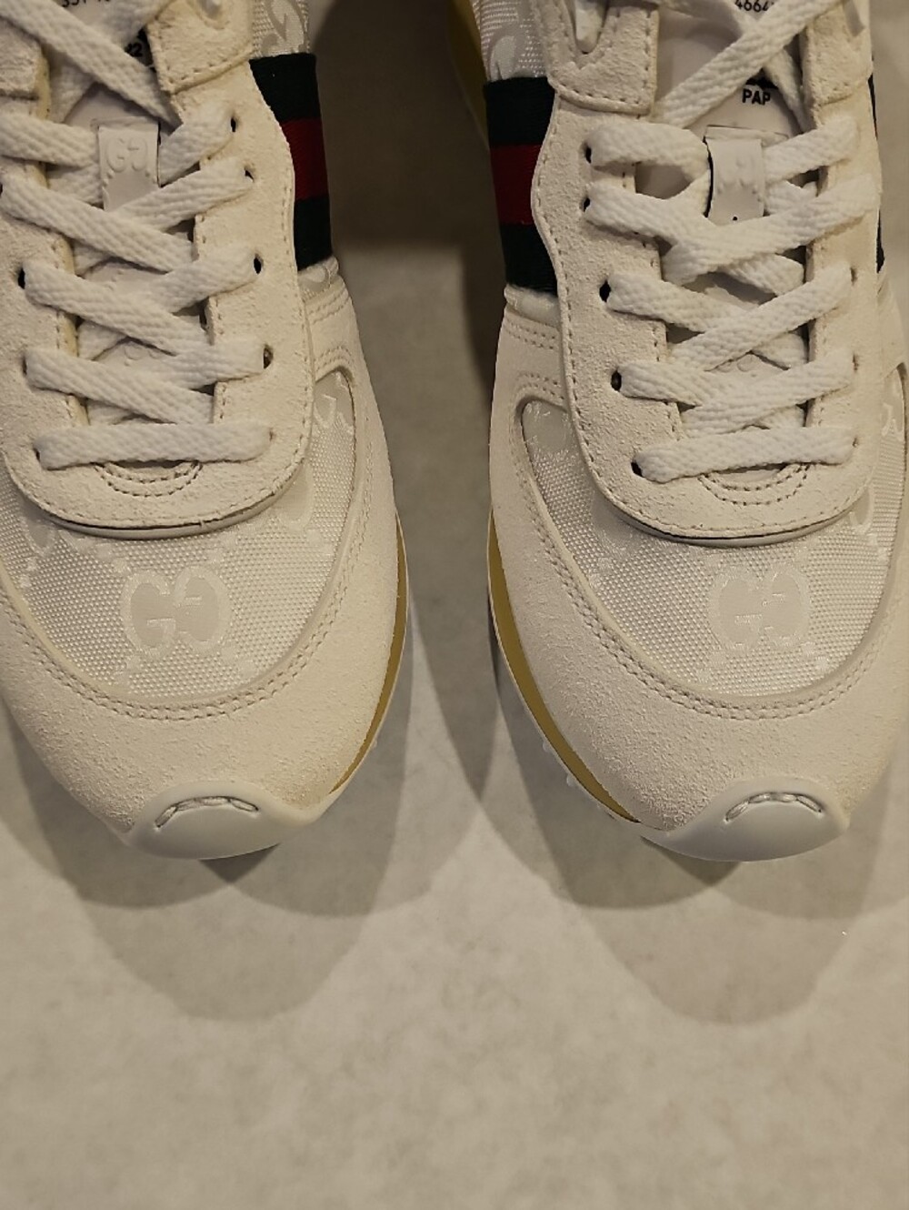 Gucci White Leather Sneakers with Green and Red Web Stripe and Yellow Heel - Picture 6 of 7